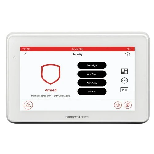 Honeywell Home 6290W touchscreen keypad showing armed controls