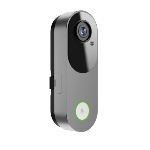 Angled view of the silver Alarm.com ADC-VDB775-S video doorbell