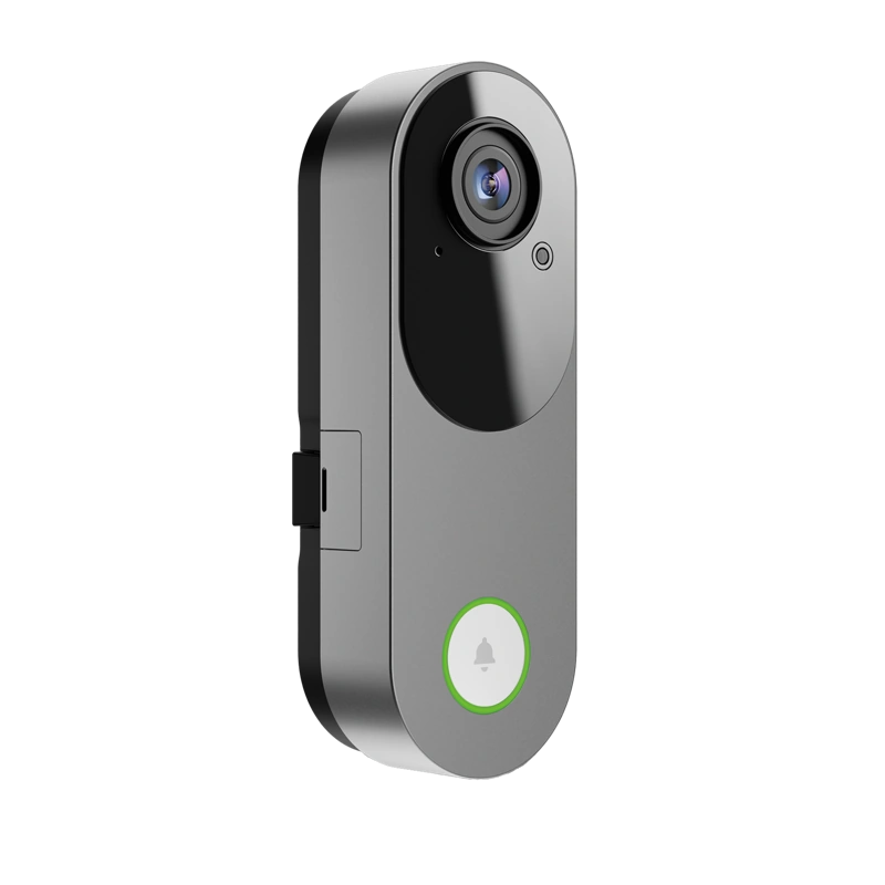 Angled view of the silver Alarm.com ADC-VDB775-S video doorbell