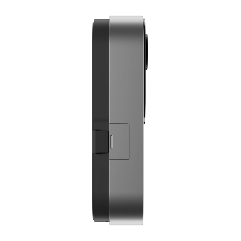 Right-side profile of the silver Alarm.com ADC-VDB775-S video doorbell