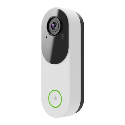 White Alarm.com ADC-VDB775 video doorbell from the front-left angle