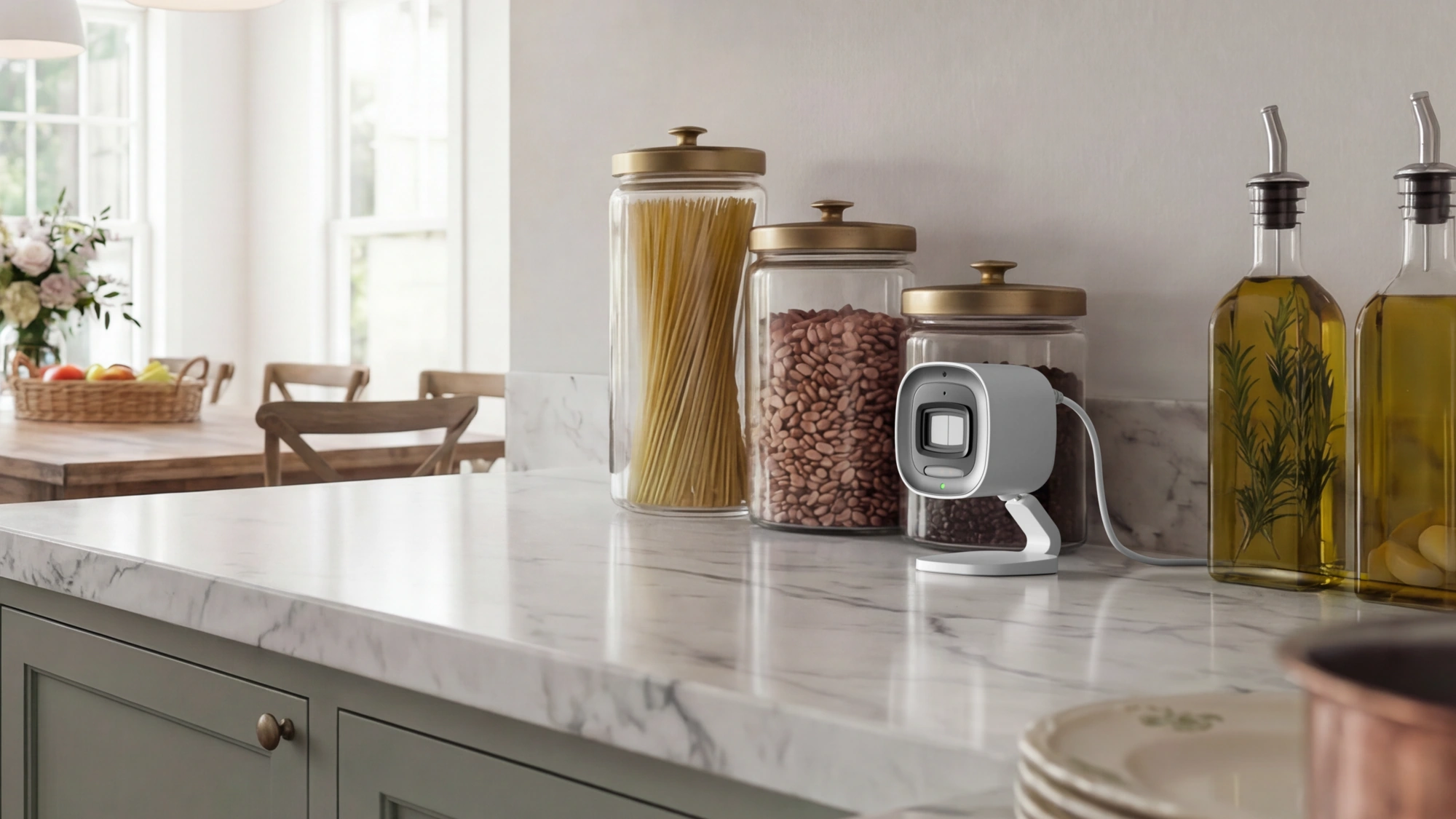 Alarm.com ADC-V530 in a kitchen with its physical privacy shutter closed