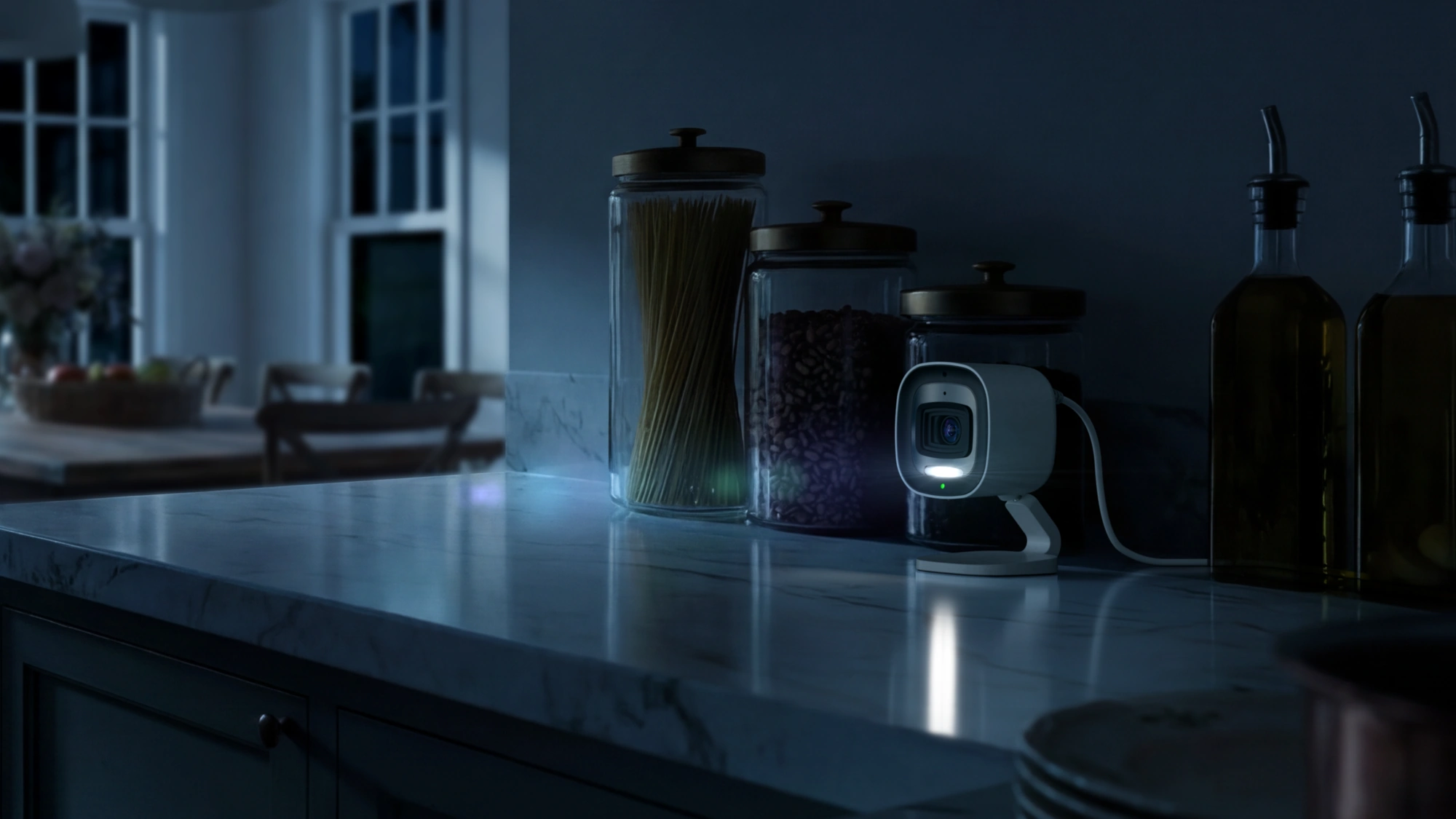 Alarm.com ADC-V530 spotlight camera monitoring a kitchen at night