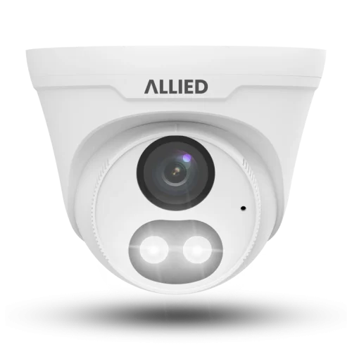 Front view of the Allied 2MP two-way audio active deterrence TVI security camera
