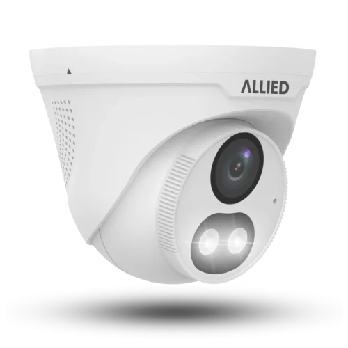 Front-right view of the Allied 2MP two-way audio active deterrence TVI security camera