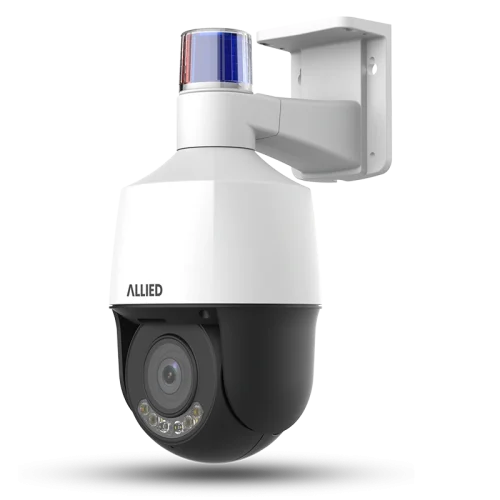 Front-left view of the Allied 4MP 5X active deterrence PTZ security camera