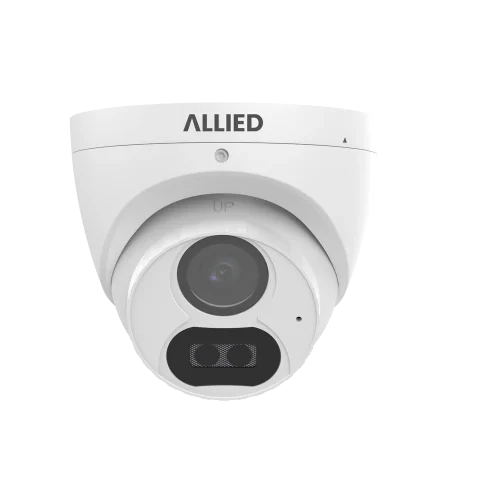 Front view of the white Allied Dark Defender wired surveillance camera
