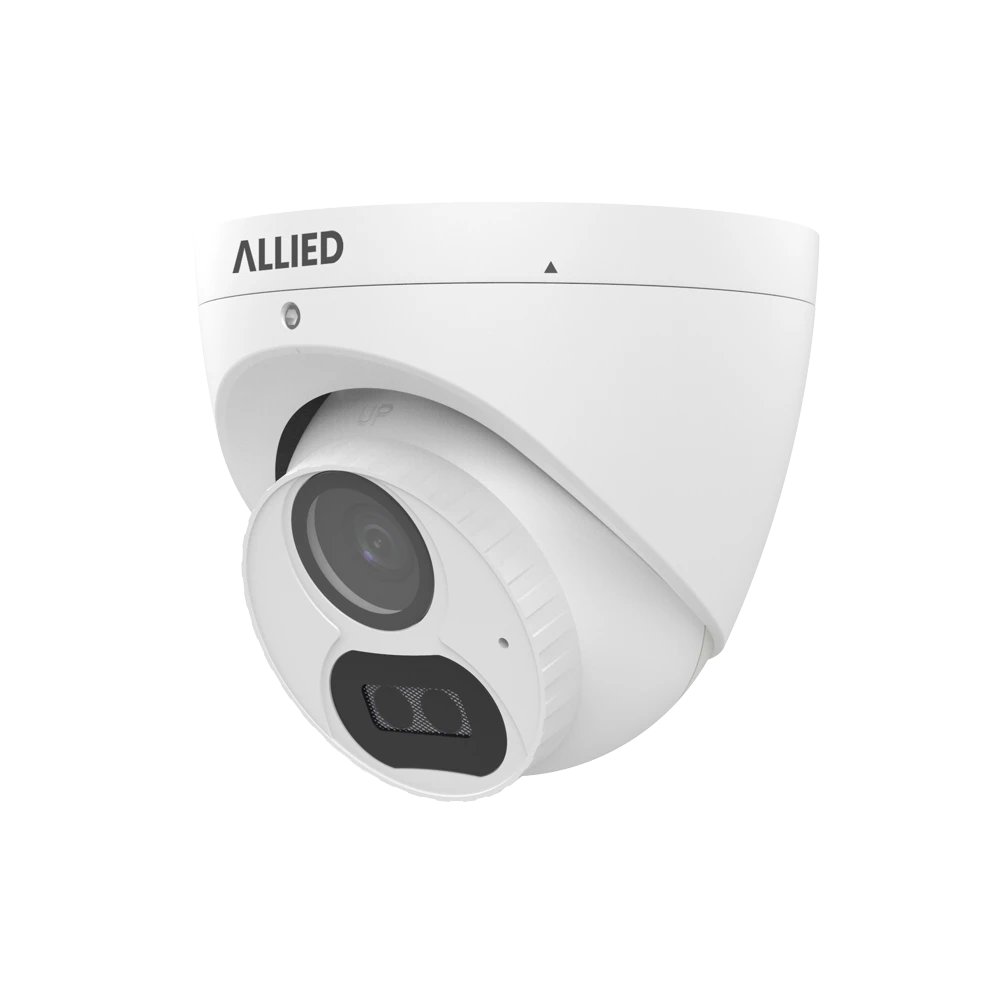 Front-left view of the white Allied Dark Defender wired surveillance camera