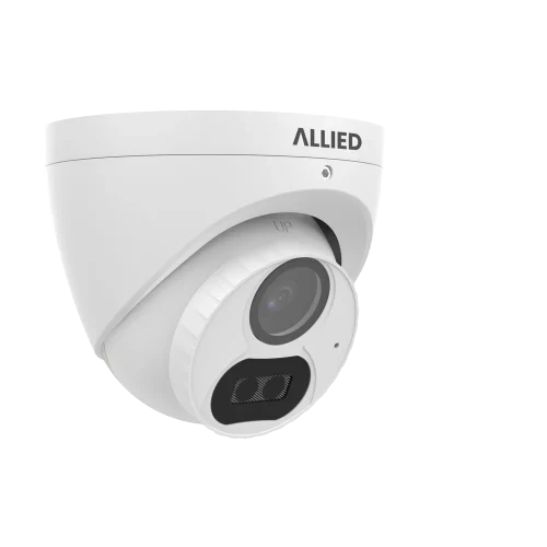 Front-right view of the white Allied Dark Defender wired surveillance camera