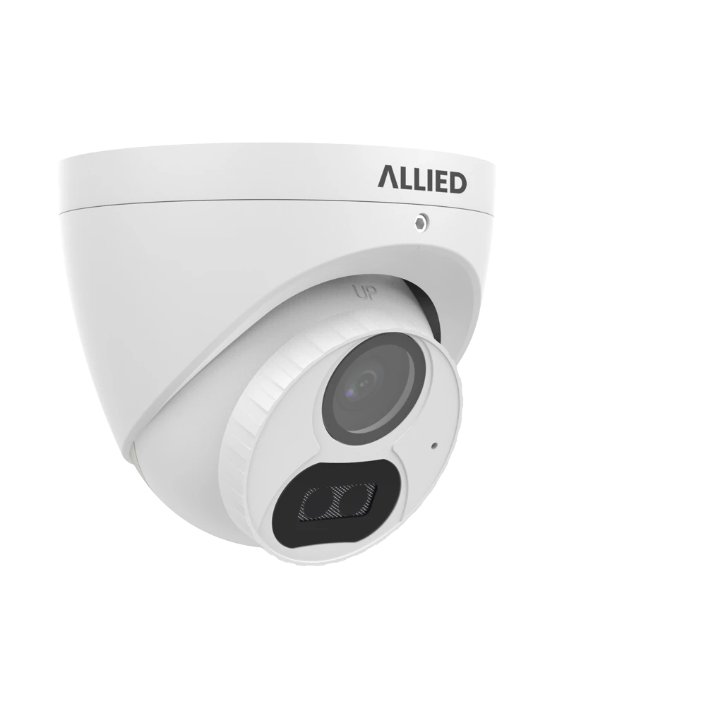 Front-right view of the white Allied Dark Defender wired surveillance camera