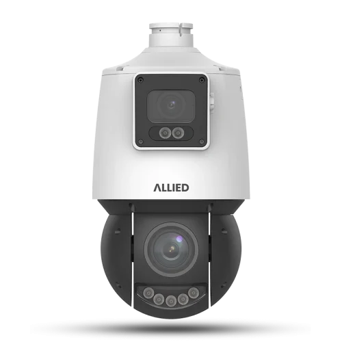 Front view of the Allied 8MP dual-lens 25X active deterrence PTZ security camera