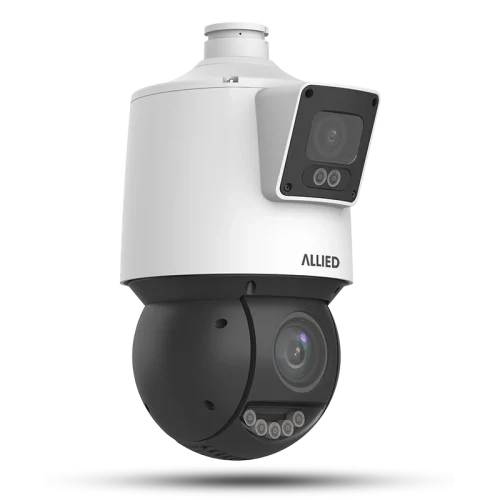 Front-right view of the Allied 8MP dual-lens 25X active deterrence PTZ security camera