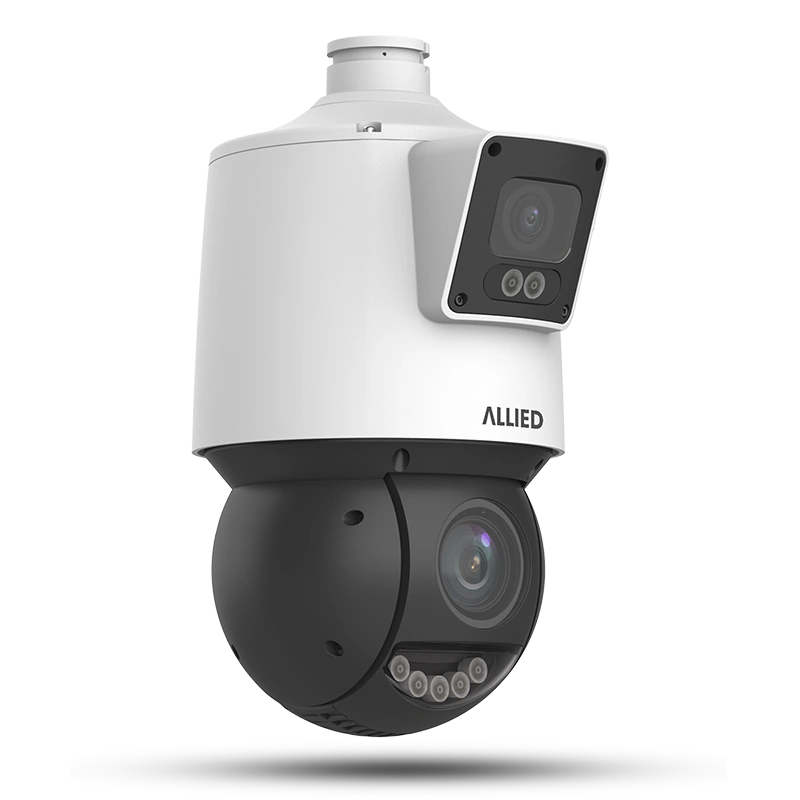 Front-right view of the Allied 8MP dual-lens 25X active deterrence PTZ security camera