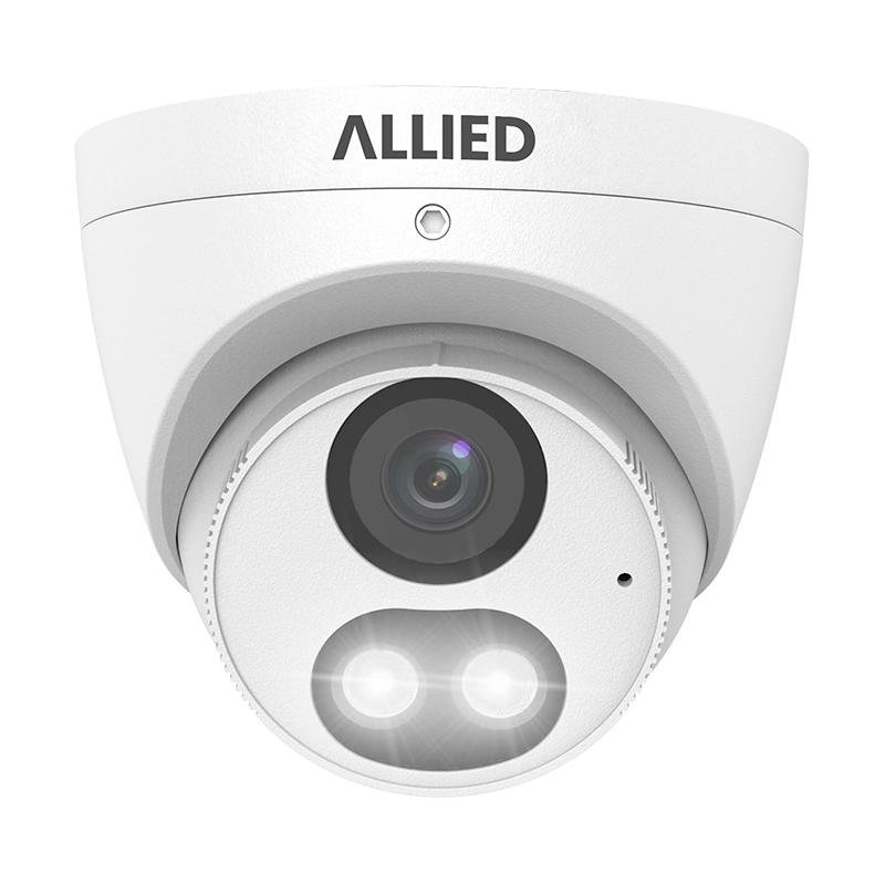 Allied dual-light IP turret camera front view with warm lights illuminated