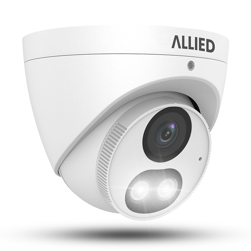 Allied dual-light IP turret camera front-right view with warm lights illuminated