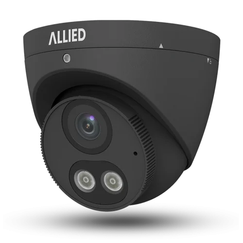 Front-left view of the black Allied 2MP Motion Dual Light Defender security camera