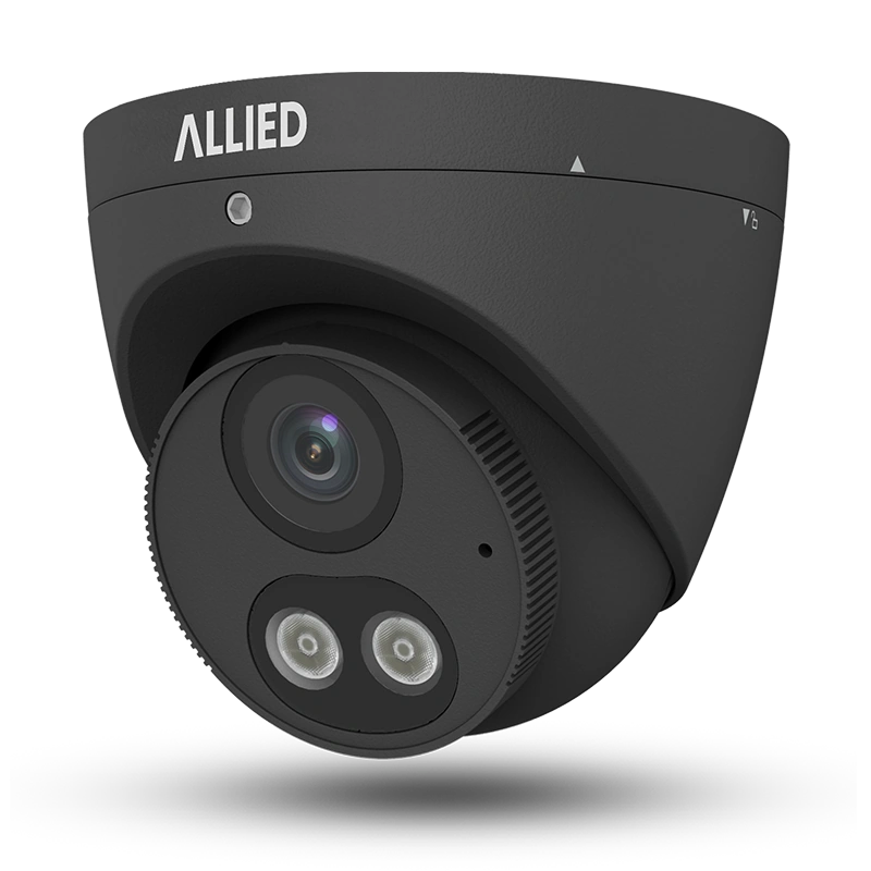 Front-left view of the black Allied 2MP Motion Dual Light Defender security camera