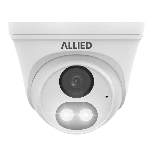 Front view of the white Allied 2MP Motion Dual Light Defender security camera