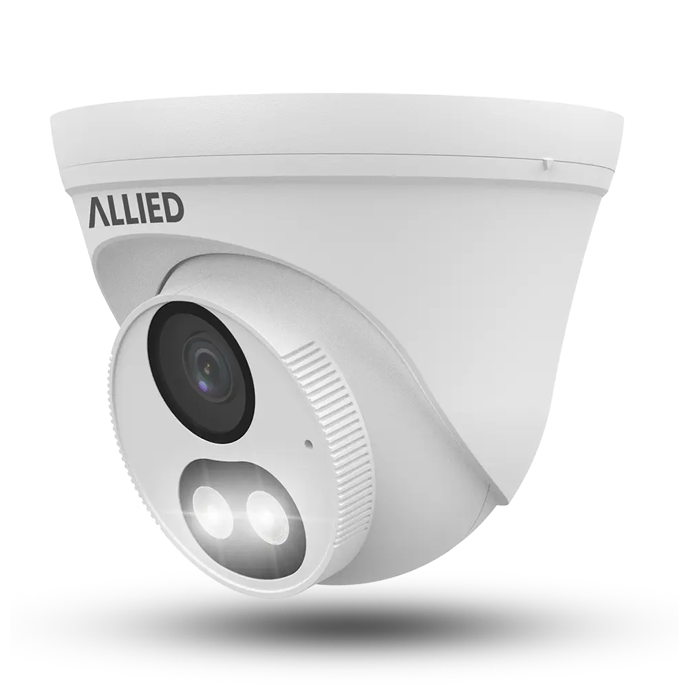 Front-left view of the white Allied 2MP Motion Dual Light Defender security camera
