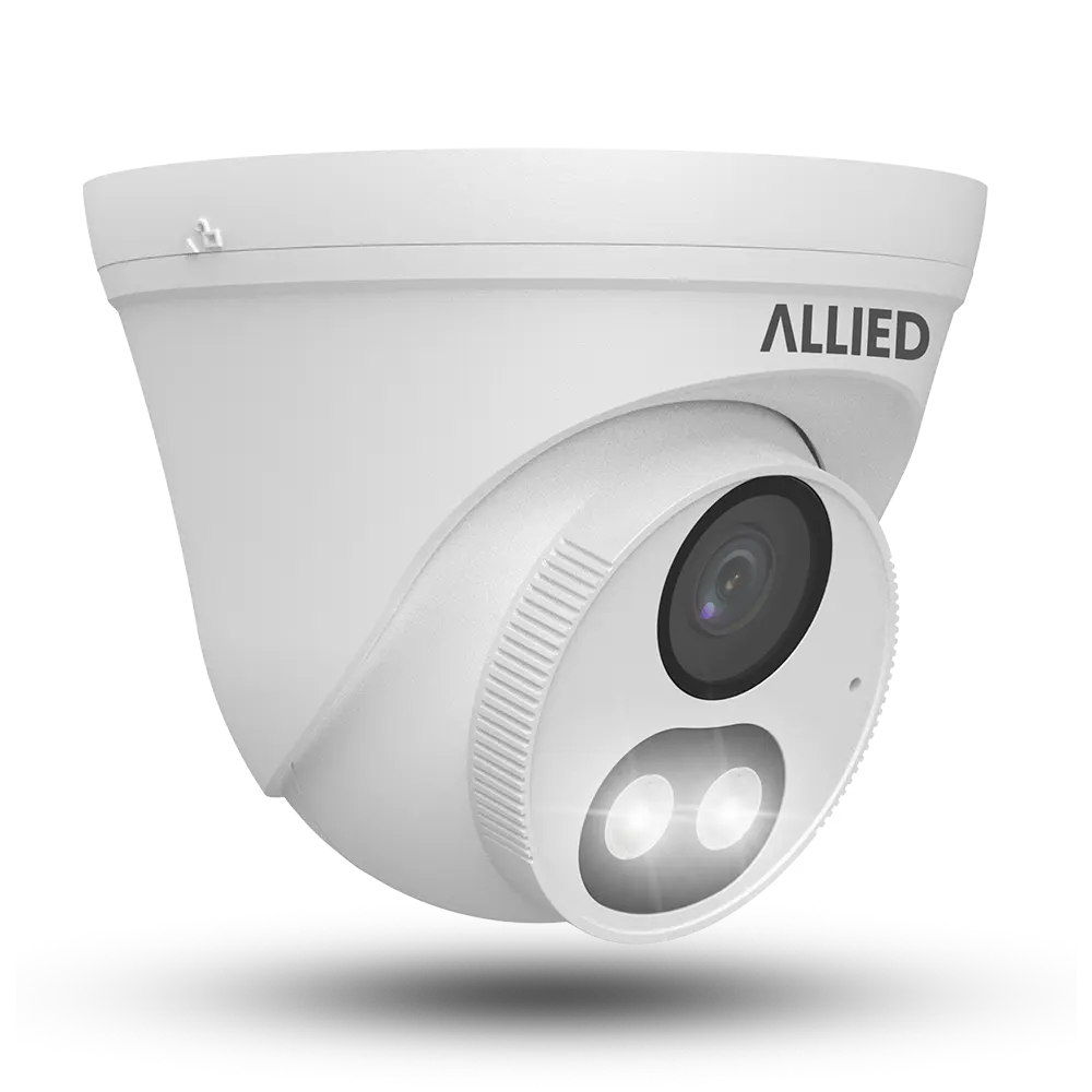 Front-right view of the white Allied 2MP Motion Dual Light Defender security camera