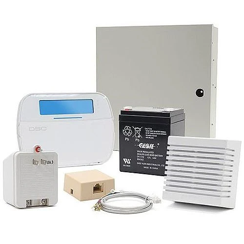 DSC HS32-51CP01 kit with HS2032 panel, HS2LCD keypad, siren, battery, and transformer