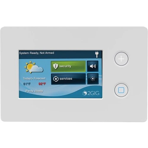 2GIG TS2-E wireless touchscreen keypad displaying system status