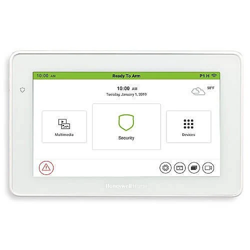 Honeywell Home TUXEDOW touchscreen showing security and automation controls