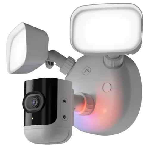 Alarm.com V729 4MP outdoor floodlight camera with red and blue warning lights